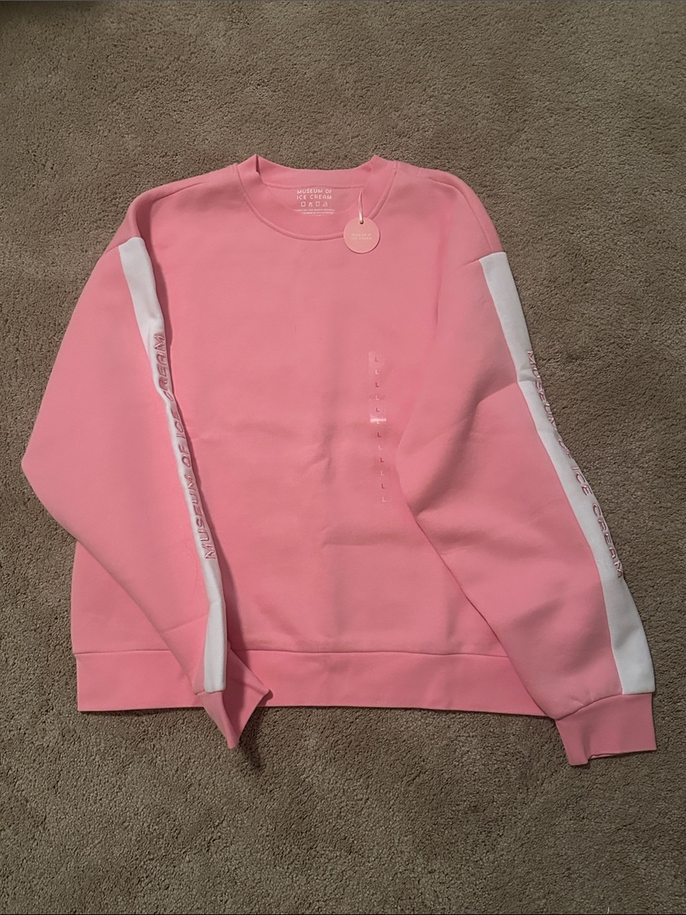 Pink Crewneck Sweatshirt with White Stripe Detail